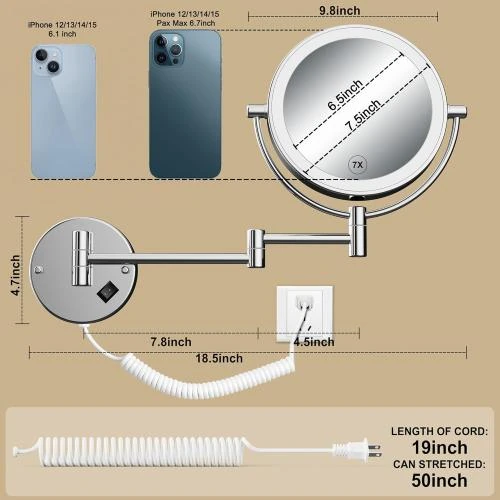Détail de Miroir maquillage mural éclairé, bras extensible, grossissement 1X 7X
