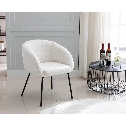 Zoom sur Fauteuil Fausse Fourrure Blanc, Chaise Salle à Manger, Rembourrée