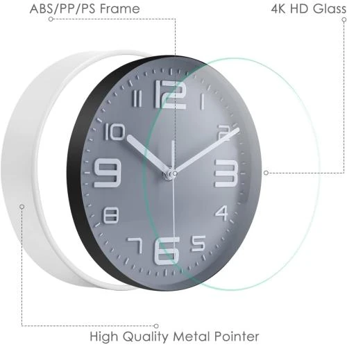 Zoom sur Horloge Murale Silencieuse Ronde Topkey, Gros Chiffres, Gris