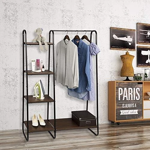 Zoom sur EUGAD Portemanteau Portant Rangement Vetement Metal MDF Hetre Fonce