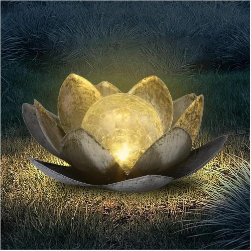 Lampes solaires extérieur jardin, lotus, décoration argentée - Vue principale