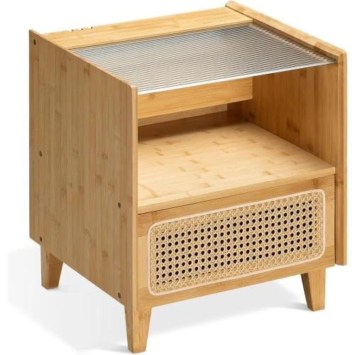 Table de Chevet Rotin, Bambou, Cannage, Verre - Vue principale
