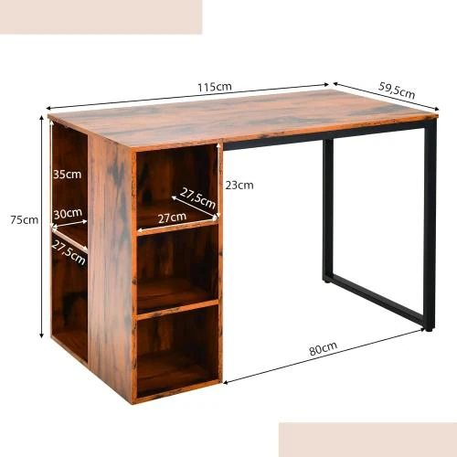 Zoom sur Bureau Ordinateur Marron Rustique, Bibliothèque, 5 Compartiments