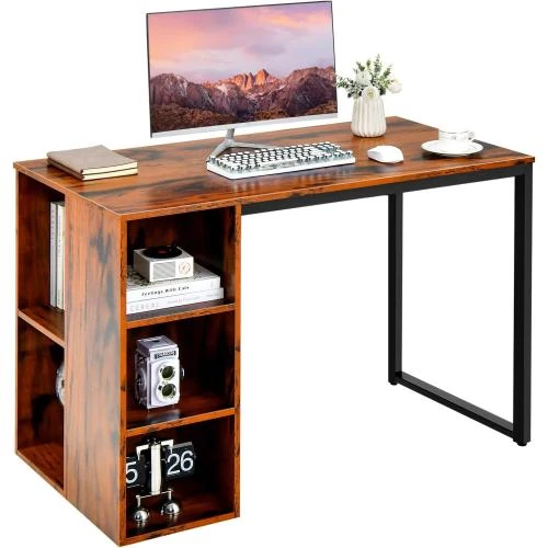 Bureau Ordinateur Marron Rustique, Bibliothèque, 5 Compartiments - Vue principale