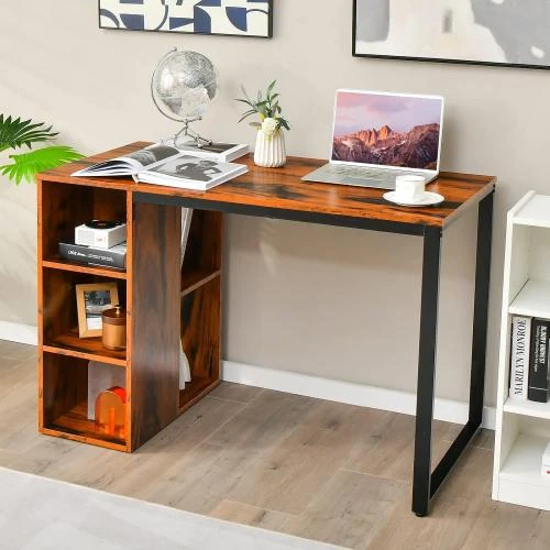Détail de Bureau Ordinateur Marron Rustique, Bibliothèque, 5 Compartiments
