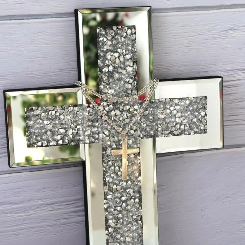 Zoom sur Miroir croix décoratif, verre, diamants écrasés, GIMORRTO