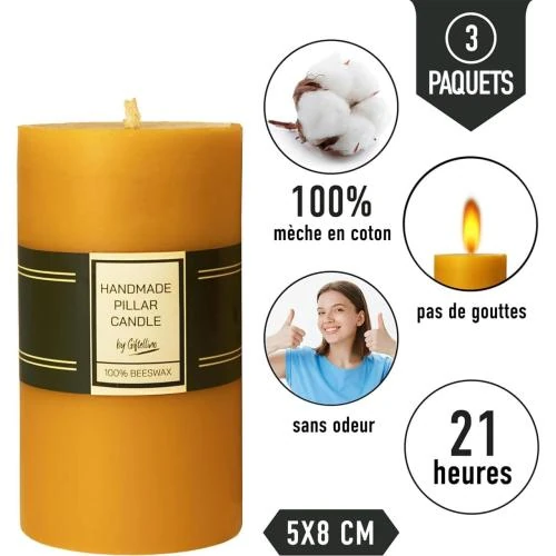 Zoom sur Set de 3 Bougies Pilier Cire d'Abeille, Sans Fumée