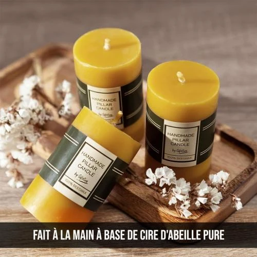 Détail de Set de 3 Bougies Pilier Cire d'Abeille, Sans Fumée