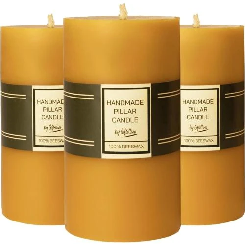 Set de 3 Bougies Pilier Cire d'Abeille, Sans Fumée - Vue principale