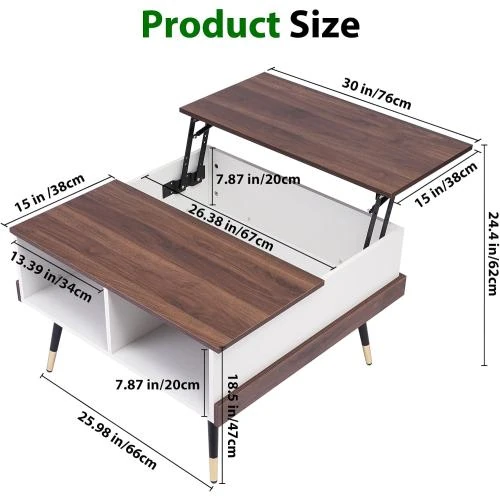 Détail de Table basse relevable, rangement, carré, noyer clair