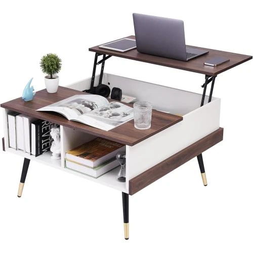 Table basse relevable, rangement, carré, noyer clair - Vue principale