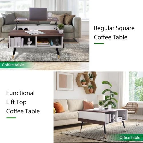 Zoom sur Table basse relevable, rangement, carré, noyer clair