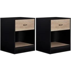Tables de Chevet Olga, 2 unités, Bois Noir, Tiroir Hêtre
