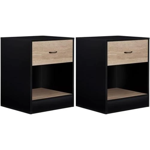 Tables de Chevet Olga, 2 unités, Bois Noir, Tiroir Hêtre - Vue principale