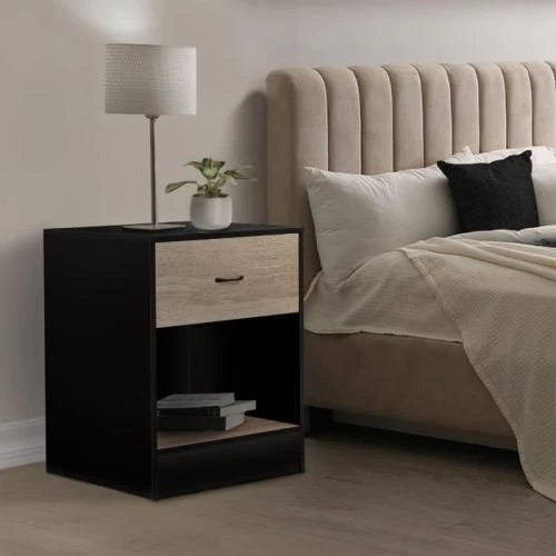 Détail de Tables de Chevet Olga, 2 unités, Bois Noir, Tiroir Hêtre
