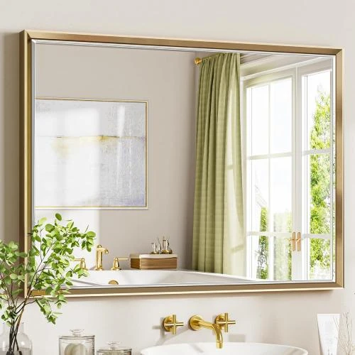 Miroir mural rectangulaire doré, cadre métal antirouille - Vue principale