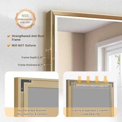 Zoom sur Miroir mural rectangulaire doré, cadre métal antirouille