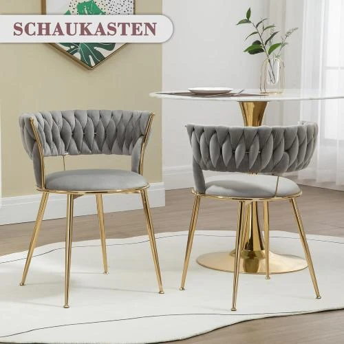Détail de Chaises salle à manger velours gris, dossier tissé, pieds dorés