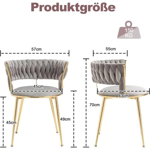 Zoom sur Chaises salle à manger velours gris, dossier tissé, pieds dorés