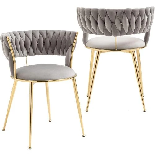Chaises salle à manger velours gris, dossier tissé, pieds dorés - Vue principale
