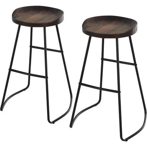 HOMCOM Tabourets Hauts Industriels, Acier Noir, Bois Vintage - Vue principale