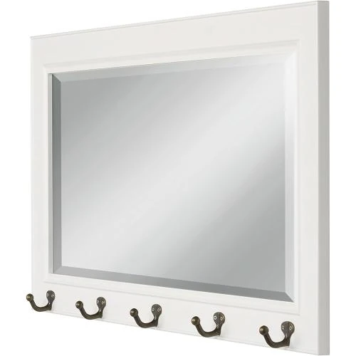 Zoom sur Miroir Bois Traditionnel, 5 Crochets Métal, Blanc
