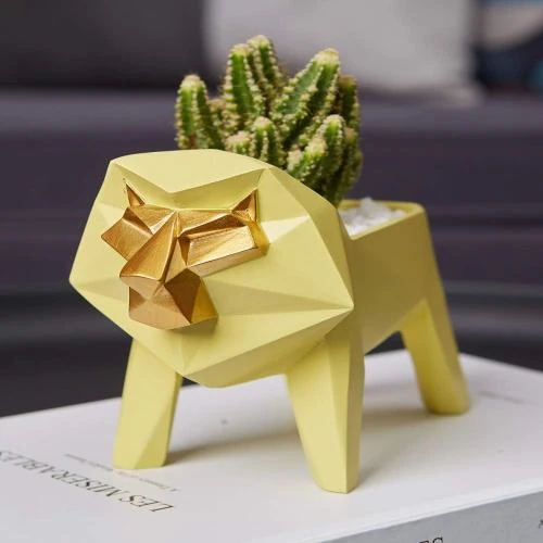 Zoom sur Statue Lion en Résine pour Plantes Succulentes - Décoration Moderne