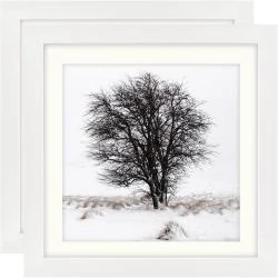 Cadres photo carrés bois massif, montage mural, table, blanc