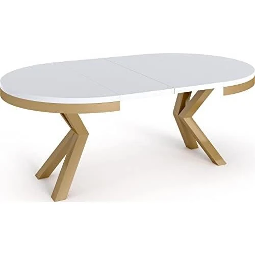 Zoom sur Table à Manger Ronde Extensible, Style Loft, Pieds Métal, Blanche Marbre