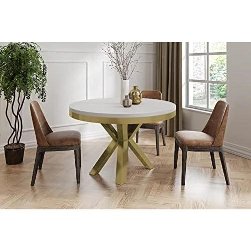 Détail de Table à Manger Ronde Extensible, Style Loft, Pieds Métal, Blanche Marbre