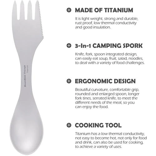 Zoom sur Couverts Titane 3 en 1, Spork, Fourchette, Cuillère