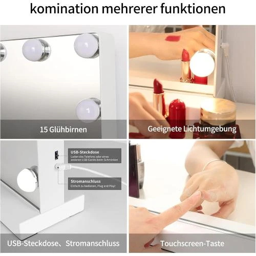 Zoom sur Miroir Coiffeuse Lumineux Meidom, 15 Ampoules LED, Blanc