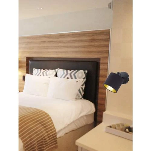 Zoom sur Spot mural Rl Live Your Light, métal noir mat, abat-jour tissu noir doré
