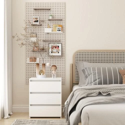 Détail de Table de Chevet Blanche FirFurd, 3 Tiroirs Bois
