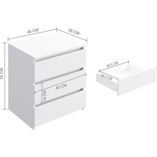 Présentation de Zoom sur Table de Chevet Blanche FirFurd, 3 Tiroirs Bois