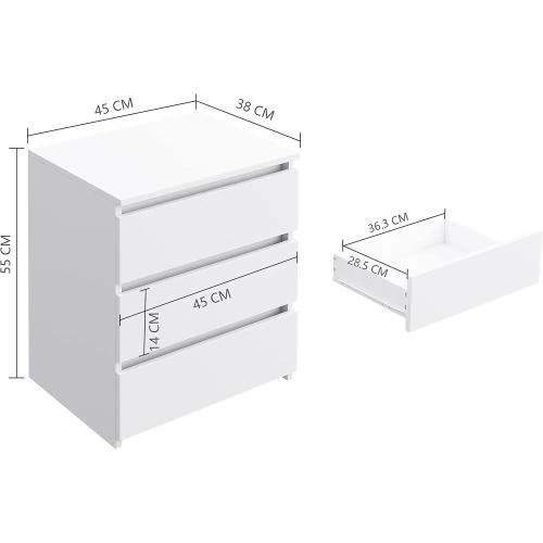 Zoom sur Table de Chevet Blanche FirFurd, 3 Tiroirs Bois