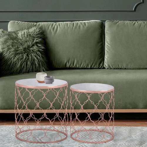 Tables d'appoint rondes, marbre blanc, cadre cuivre - Vue principale