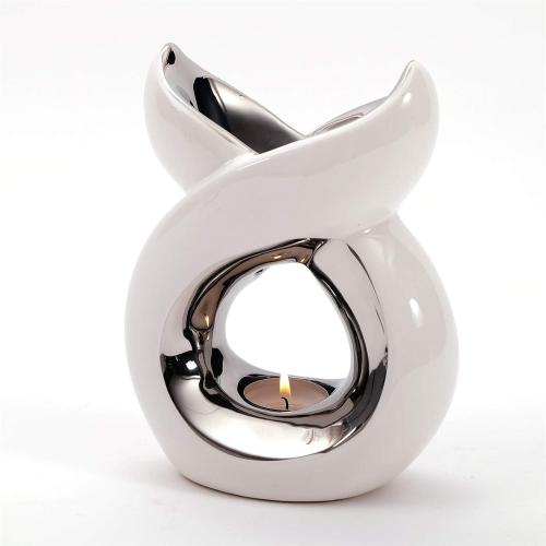 Présentation de Présentation Diffuseur aromatique Casablanca, céramique, bougie chauffe-plat, blanc argenté