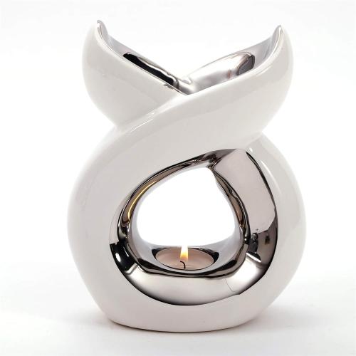 Présentation de Zoom sur Diffuseur aromatique Casablanca, céramique, bougie chauffe-plat, blanc argenté