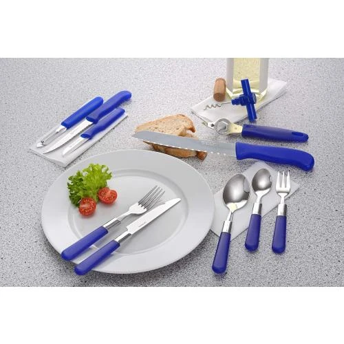 Zoom sur Couverts de Table Acier Inoxydable, Poignées Bleues, 37 pièces