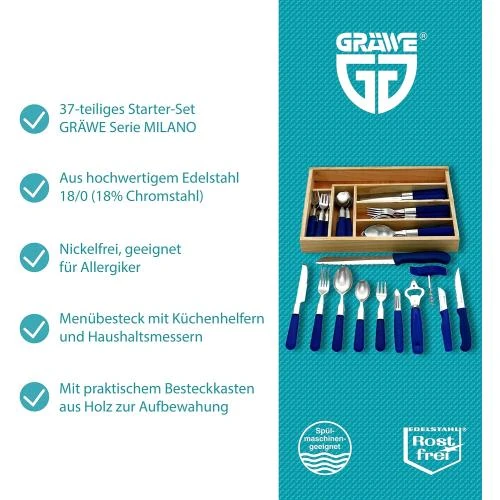 Détail de Couverts de Table Acier Inoxydable, Poignées Bleues, 37 pièces
