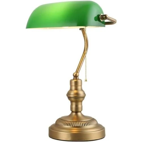 Lampe de Table Vintage Retro, Verre Vert, Laiton, E27 - Vue principale