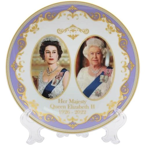 Assiette commémorative reine Elizabeth II, support souvenir blanc - Vue principale