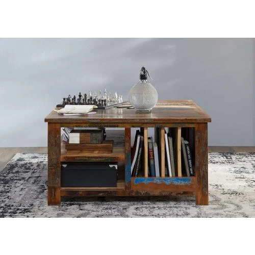 Détail de Table Basse Carrée Bois Massif Recyclé Multicolore Ethnique