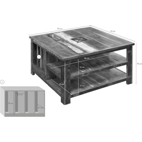Zoom sur Table Basse Carrée Bois Massif Recyclé Multicolore Ethnique
